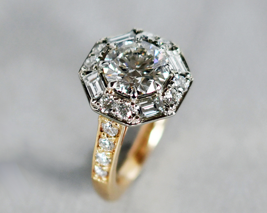 Custom 2ct ideal cut diamond in unique Halo style with round and baguette diamonds in 14k two-tone gold