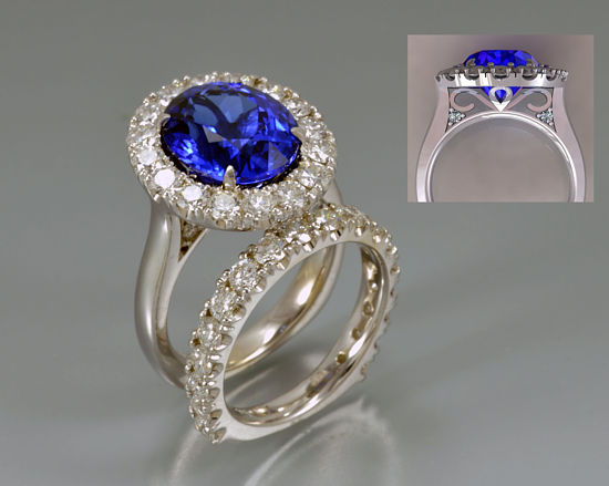 custom platinum Euro shank engagement ring cathedral style sapphire center and diamond halo with filigree