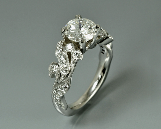 custom floral diamond engagement ring in white gold Euro shank