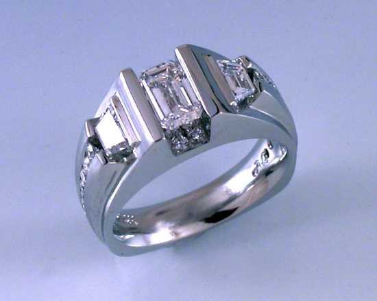custom contemporary three stone diamond engagement ring white gold Euro shank