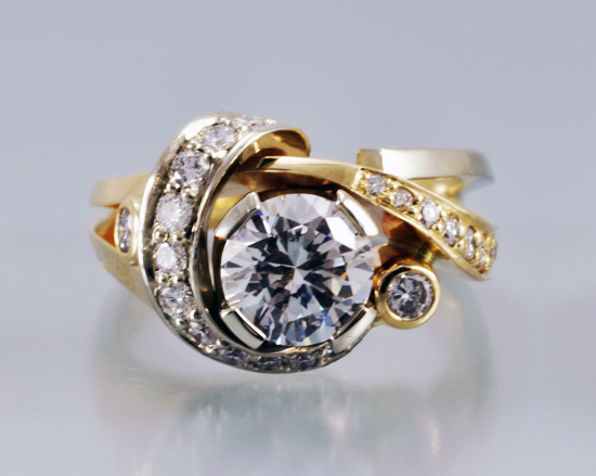 custom contemporary engagement free form style ideal cut diamond bead set with diamonds two-tone gold