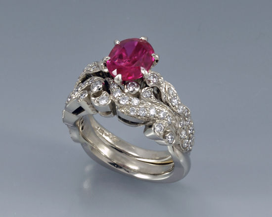 custom ruby and diamond wedding set in white gold floral Euro shank