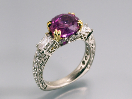 Purple 5ct sapphire hand engraved 18k white gold with radiant and diamonds