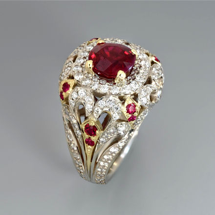 Burmese ruby ring with diamonds and rubies in 18k white and yellow gold