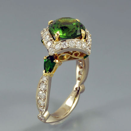 4.25ct Russian demantoid garnet ring with green tsavorite garnets and diamonds set in 18k gold