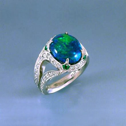 Black Opal ring in platinum with diamonds