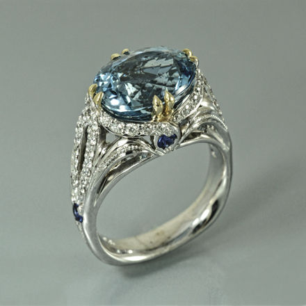 Brazilian Aquamarine ring with diamonds and Blue Sapphires in 14k gold
