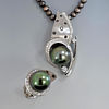 Tahitian Black Pearl 14.5mm pendant and ring with black and white diamonds in 18k white gold
