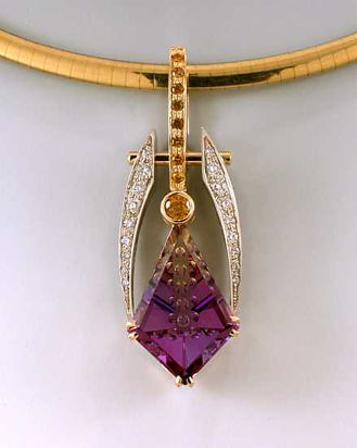 Trozzo fancy-cut Ametrine pendant with diamonds and yellow sapphires in 18k white and yellow gold