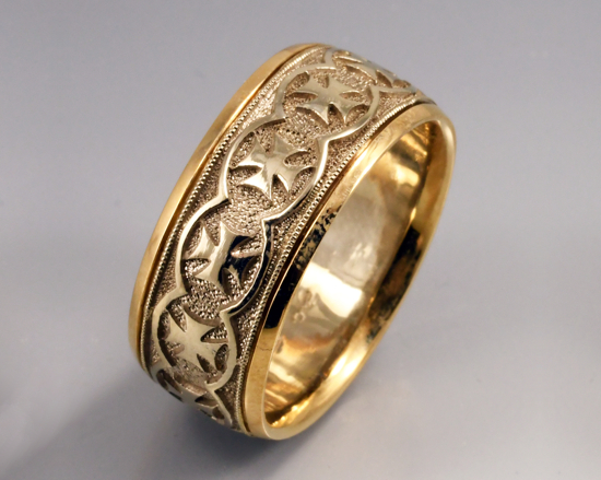 hand engraved two tone 14k gold Maltese cross