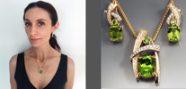 Custom necklace and earrings set, with burmese peridots, demantoid garnets, and diamonds