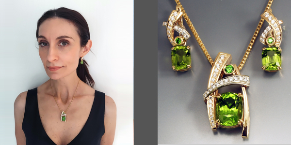 Custom necklace and earrings set, with burmese peridots, demantoid garnets, and diamonds