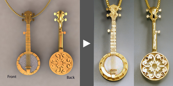 Custom 3 inch gold banjo pendant with high quality white opal