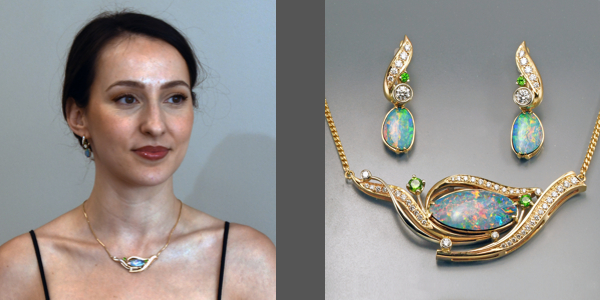 Custom necklace and earrings set, with opals, demantoid garnets, and diamonds