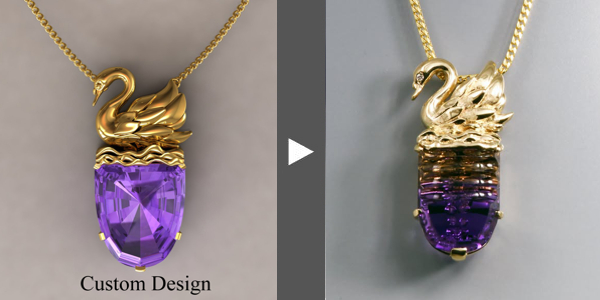 Custom swan serene lake pendant with Thomas Trozzo cut ametrine
